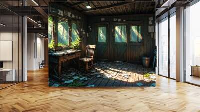 abandoned cabin house in the woods. wooden log lodge interior in the forest on a sunny summer day with sun rays through windows in nature. Wall mural