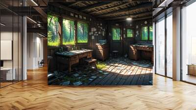 abandoned cabin house in the woods. wooden log lodge interior in the forest on a sunny summer day with sun rays through windows in nature. Wall mural