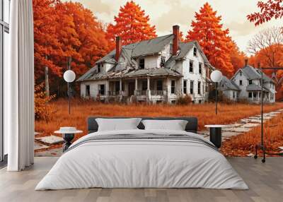 abandoned house buildings in town in autumn fall. homes with forest woods trees with orange red leaves empty old post apocalyptic city suburb. Wall mural