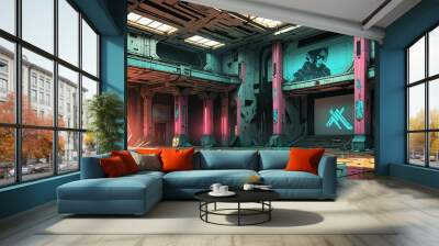 abandoned room interior in cyberpunk sci fi building. dystopian old palace ballroom warehouse in lo fi style. neon bright colors in futuristic empty tower. Wall mural