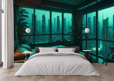 bed mattress in a bedroom futuristic city sci-fi lo-fi room ocean view sunset night from window. interior design furniture in tall building. luxury apartment decor. Wall mural