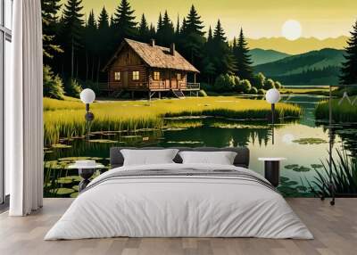 cabin house lodge by creek river in woods and mountains under sky and clouds in summer. home by in nature forest meadow prairie. Wall mural