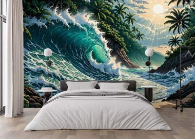 crashing ocean wave sunset on tropical beach. blue sea water with sunrays. Wall mural