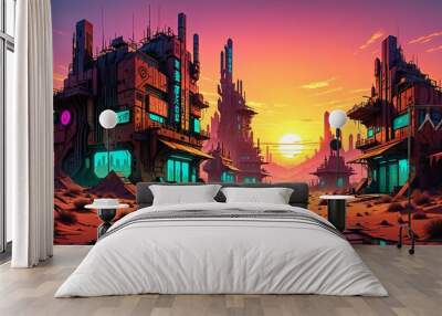 cyberpunk desert wasteland city sunset. post apocalyptic sci-fi lo-fi town futuristic buildings and skyscrapers. landscape with mountains in horizon. Wall mural