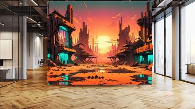 cyberpunk desert wasteland city sunset. post apocalyptic sci-fi lo-fi town futuristic buildings and skyscrapers. landscape with mountains in horizon. Wall mural