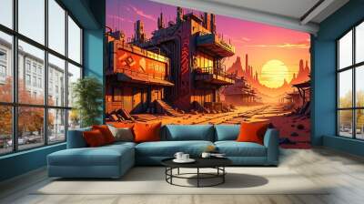 cyberpunk desert wasteland city sunset. post apocalyptic sci-fi lo-fi town futuristic buildings and skyscrapers. landscape with mountains in horizon. Wall mural