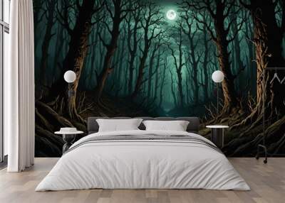 dark forest with dead trees at night under scary sky and moon. horror woods in fog. background wallpaper banner. Wall mural