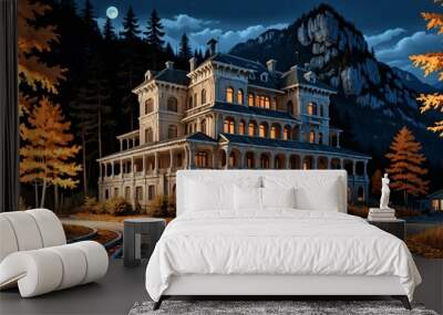 luxury hotel resort at the base of a mountain in the yellow orange autumn woods at night. modern baroque architecture building in the woodland wild forest mountains. Wall mural