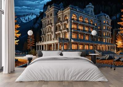 luxury hotel resort at the base of a mountain in the yellow orange autumn woods at night. modern baroque architecture building in the woodland wild forest mountains. Wall mural