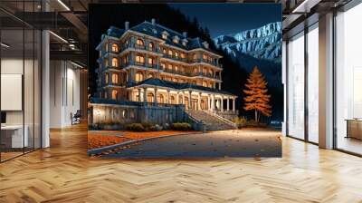 luxury hotel resort at the base of a mountain in the yellow orange autumn woods at night. modern baroque architecture building in the woodland wild forest mountains. Wall mural