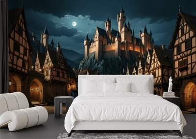 medieval gothic castle palace in city town at night under clouds and moon. old ancient cityscape. Wall mural