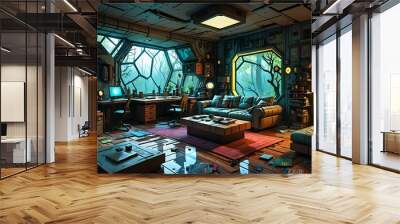 messy living room in futuristic sci fi house home in the misty woodland forest. abandoned room interior of forest cabin. Wall mural