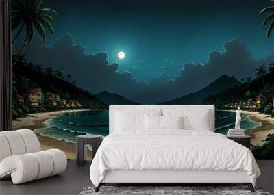 ocean beach shore with crashing waves and village town of homes on tropical coast. island sea water reflections under moon at night and sunset under blue sky with palm trees. Wall mural