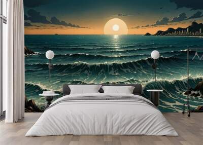 ocean sea beach and mountains city landscape at night sunset under moon and clouds. waves on the shore by tropical urban cityscape.	 Wall mural