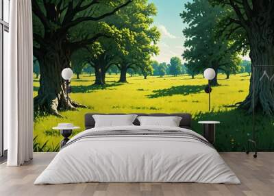 tree orchard in green meadow park. sunny day with sun rays on trees. nature landscape template. Wall mural