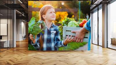 Children little girl holding mom a basket of fresh organic vegetables with the home garden. Wall mural