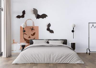 Halloween pumpkins, bats and shopping bag. Happy halloween concept. Wall mural