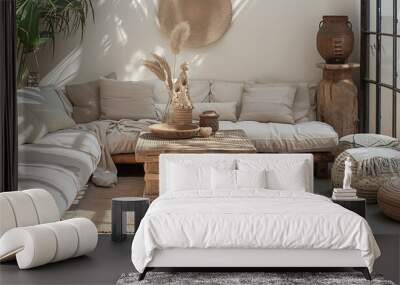 Boho lounge with beige cushions, wooden coffee table, and a Moroccan pouf Wall mural