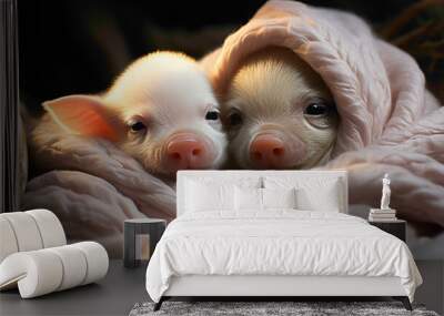 Tiny piglets snuggling together for warmth in a rustic barn, their oinking sounds and cozy nest creating a heartwarming image of farm life. Wall mural