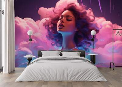 Cloud neon color with girl design illustration Wall mural