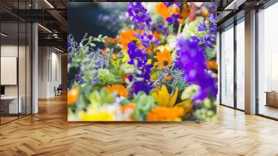 Bright bouquets of flowers at open air farmer's market Wall mural