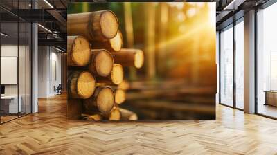 A close-up of freshly harvested bamboo stalks stacked neatly in a sunlit workshop Wall mural