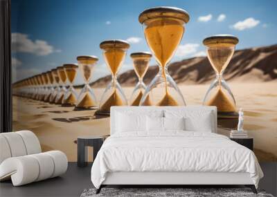 A row of hourglass at sand dunes. Concept of time passing, urgency or deadline. Wall mural