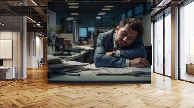 A tired office worker fall asleep at the office. Wall mural