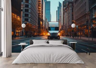 A truck navigating through a city street with tall buildings Wall mural