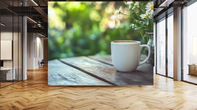 A white coffee cup on a rustic outdoor table in a garden, surrounded by greenery. Wall mural