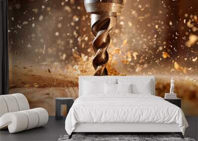 Close up shot of a drill bit drilling into wood Wall mural