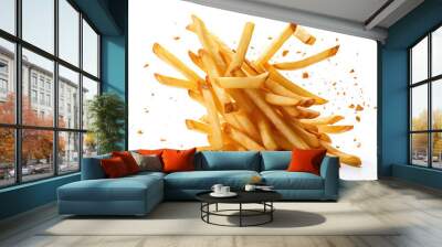 Falling french fries or potato chips isolated on white background. Wall mural