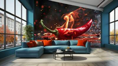 Red chili with burning fire flame on black background Wall mural