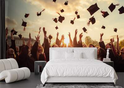 Students throwing graduation hats in the air celebrating. Wall mural