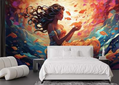 Zodiac sign of Pisces, Acrylic painting of a beautiful mermaid girl, Illustration, under water, Generative AI Wall mural