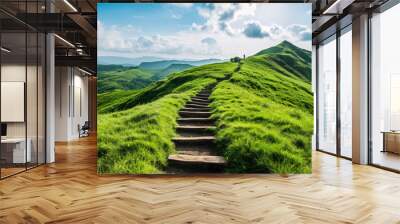 A stunning view of a nature hill mountain featuring grass stairs, showcasing the harmony of natural elements, serene landscapes, and the beauty of the outdoors. Wall mural