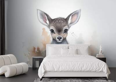  a baby deer sitting on top of a white floor next to a wall.  generative ai Wall mural