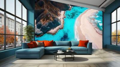  a beach with a sandy shore and blue water next to a mountain range with a sandy beach on the other side of the beach and a sandy shore.  generative ai Wall mural