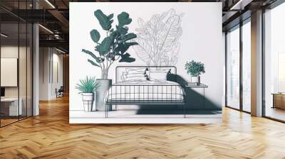  a bedroom with a bed and a plant in the corner of the room, and a plant in the corner of the room on the wall.  generative ai Wall mural