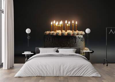  a birthday cake with lit candles on a black table with a black background and a black background with a gold border around the cake and the candles.  generative ai Wall mural