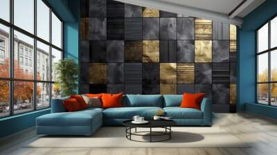  a black and gold tiled wall with a black and gold stripe on it's side and a black and gold stripe on the other side of the wall.  generative ai Wall mural