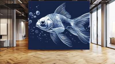  a black and white drawing of a goldfish with bubbles of water on it's side and a blue background. Wall mural