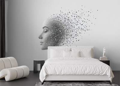  a black and white photo of a woman's face with dots in the shape of a woman's head. Wall mural