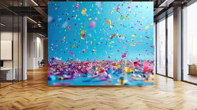   A blue background with confetti and streamers of confetti Wall mural