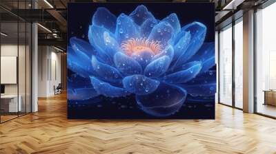  a blue water lily with drops of water on it's petals and a yellow center surrounded by droplets of water on a black background, with a black background. Wall mural