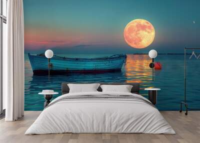   A boat floats atop a vast expanse of water beneath a stunning array of pink and blue moons Wall mural