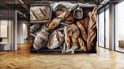  a box filled with lots of different types of breads and loaves of breads on top of a cloth covered table cloth next to a basket with a wooden spoon.  generative ai Wall mural