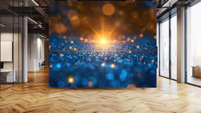   A bright sun shines over a dark blue background, creating a boke of light and sparkling on the ground Wall mural