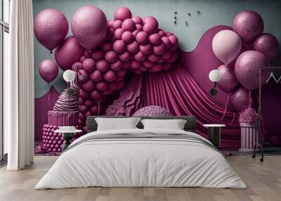  a bunch of balloons are floating in the air over a purple background with a pink curtain and a white trash can in the foreground.  generative ai Wall mural