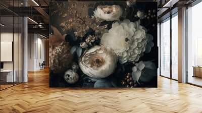  a bunch of flowers that are sitting on a table in front of a wall with a skull on the side of it and a skull on the side of the wall.  generative ai Wall mural